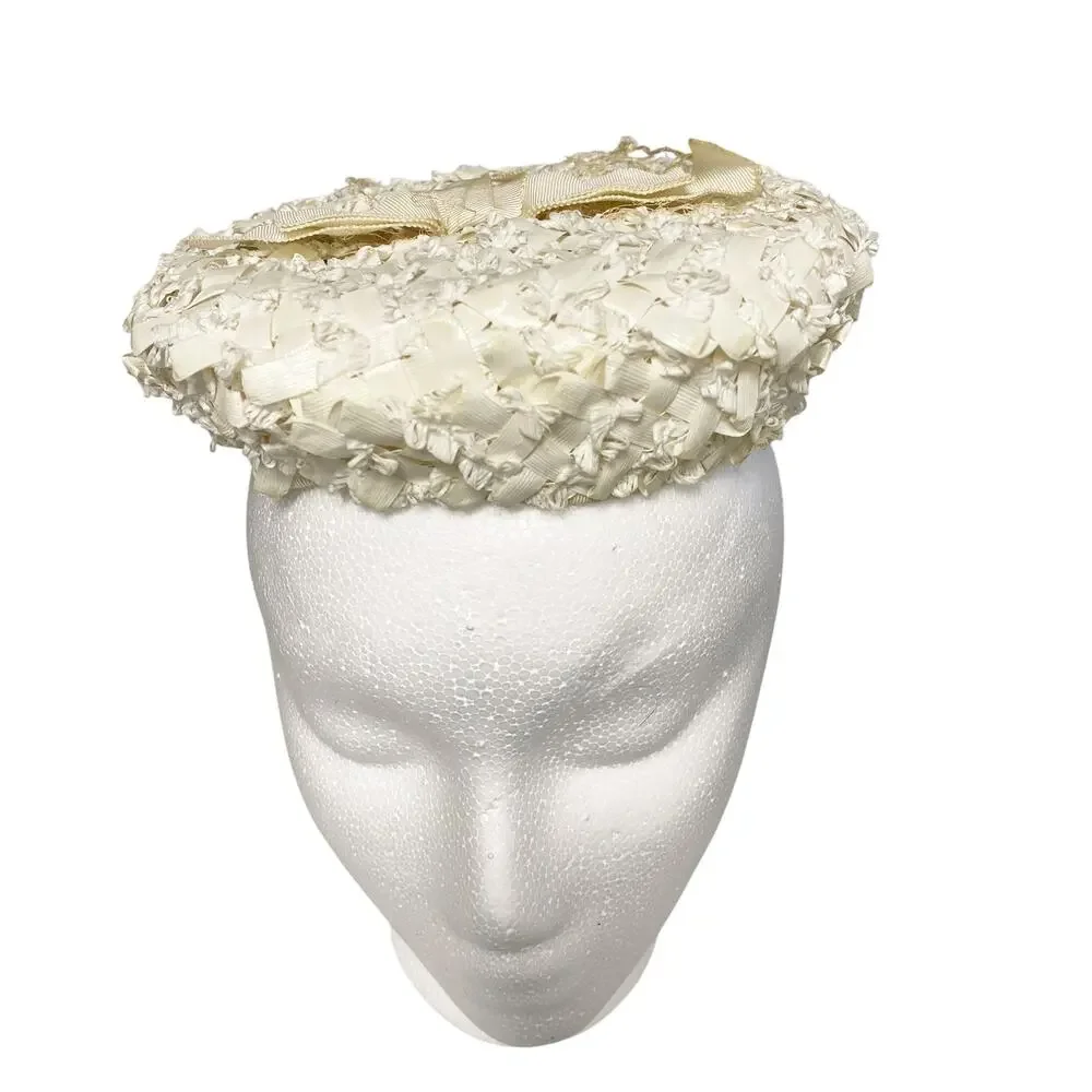 Vintage Gertrude California Womens Ivory Bow Pillbox Fascinator Hat